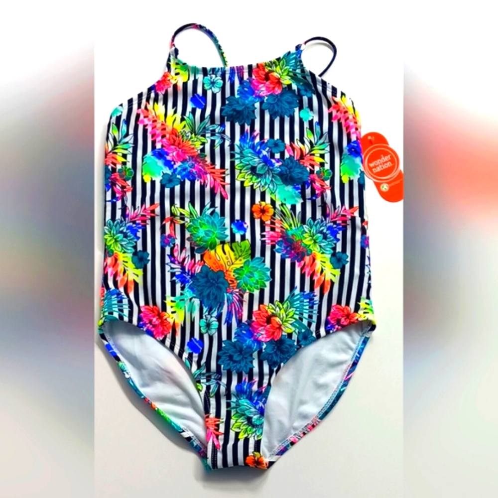 Girls One-Piece Swimsuit Floral Striped Back Knotted Straps – Large 10/12 – New